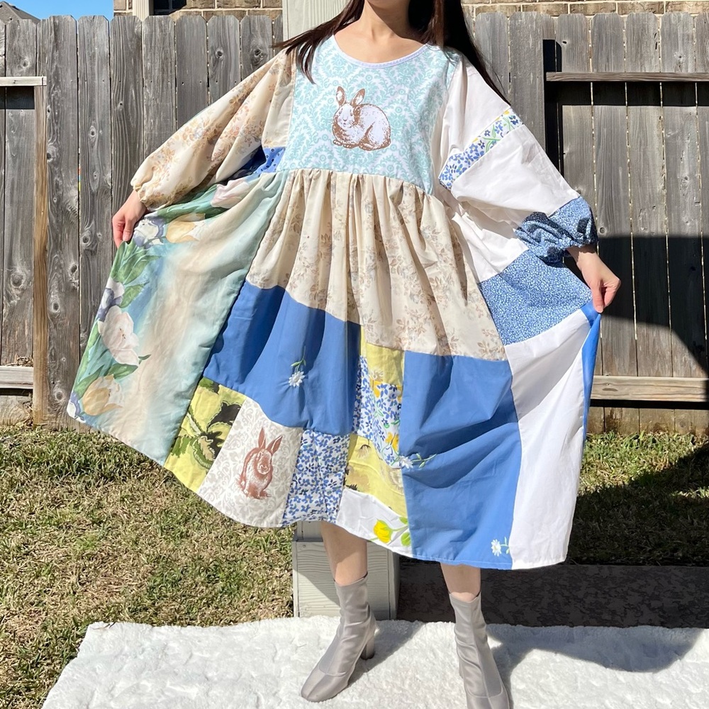 Rabbits | Handmade Quilted Patchwork Puff Sleeves Jasmine Dress SKU 02242